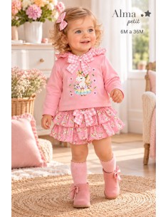 Conjunto Sudadera y Faldita Rosa Unicornio Floral