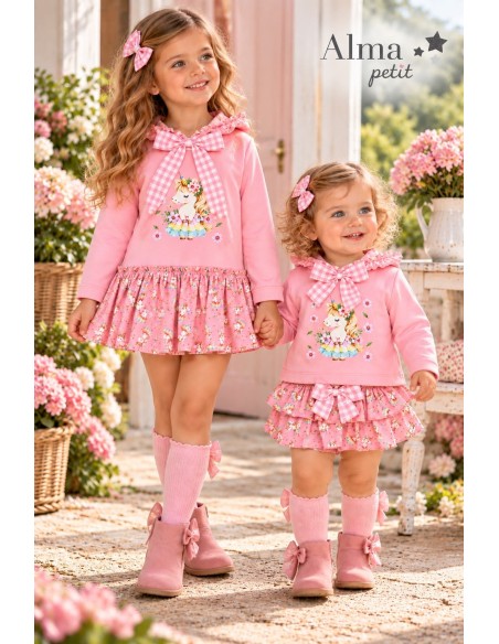 Conjunto Sudadera y Faldita Rosa Unicornio Floral