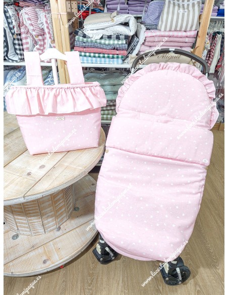 Pack Bolso Pocket volante y Saco Universal silla con tejido de loneta rosa con estrellas y lunas en blanco