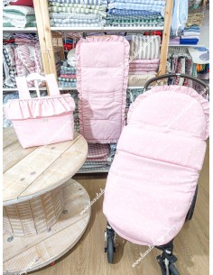 Pack Bolso Pocket volante y Saco Universal silla con tejido de loneta rosa con estrellas y lunas en blanco 2