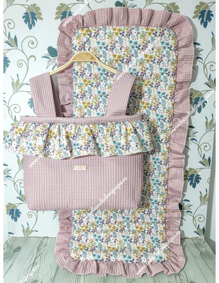 Bolso pocket volante Cremallera y Funda Universal volante entero Waffle Maquillaje y flores otoñales rosa