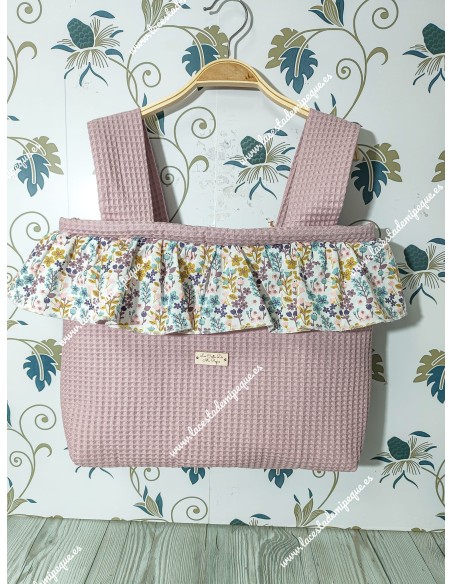 Bolso pocket volante Cremallera y Funda Universal volante entero Waffle Maquillaje y flores otoñales rosa