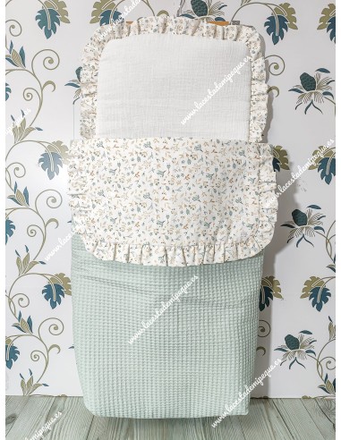 Saco Capazo Desmontable Waffle Verde Agua y flores camel