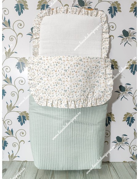 Saco Capazo Desmontable Waffle Verde Agua y flores camel