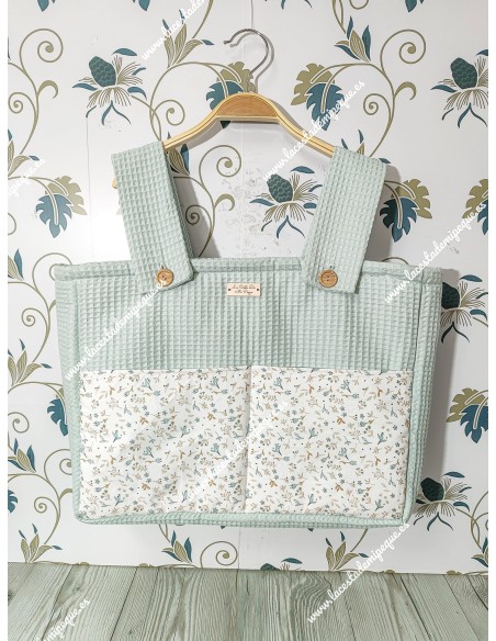 Bolso Pocket Cremallera Waffle Verde agua Bolsillos Flores Camel