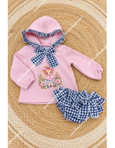 Conjunto Sudadera y Faldita Muñeca Rosa Vichy Marino Mariela 2