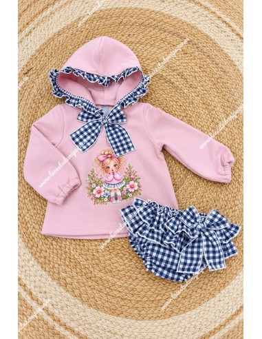 Conjunto Sudadera y Faldita Muñeca Rosa Vichy Marino Mariela