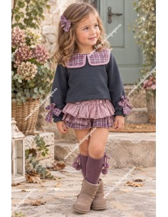Conjunto Sudadera y Faldita Cuadros Gris-Rosa Maquillaje Mariela
