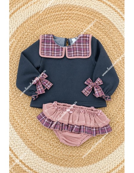 Conjunto Sudadera y Faldita Cuadros Gris-Rosa Maquillaje Mariela