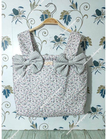 Bolso Pocket Flores Morado y Gris lazos Waffle gris