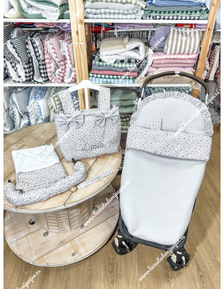 Bolso Pocket Flores Morado y Gris lazos Waffle gris