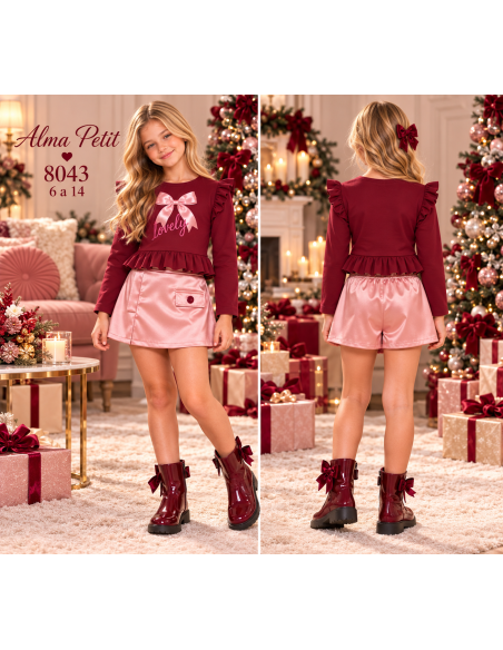 Conjunto Sudadera y Falda Pantalón Polipiel Burdeos-Rosa