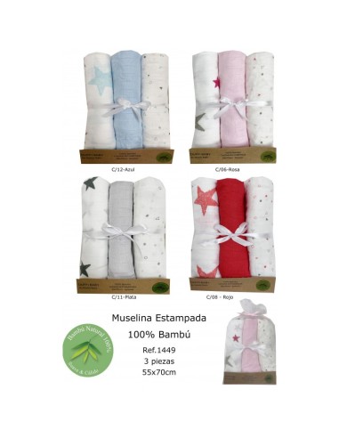 Gasa Bebe gris Estrellas (pack de 3 unidades)