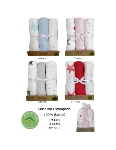 Gasa Bebe gris Estrellas (pack de 3 unidades)