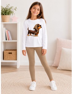 Conjunto Camiseta M/l Blanca y Leggings Camel Perrita Glamurosa