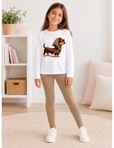 Conjunto Camiseta M/l Blanca y Leggings Camel Perrita Glamurosa