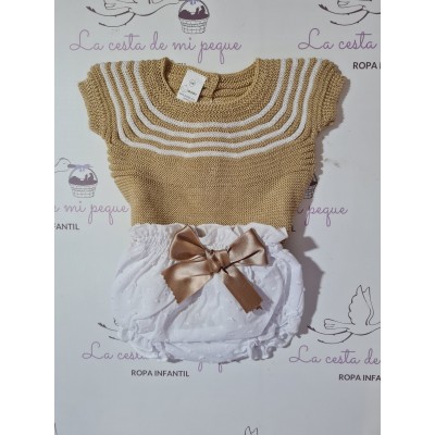 Conjunto Jersey Hilo Camel y Braga Plumeti