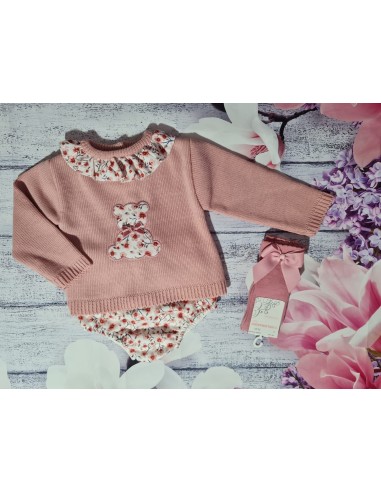 Conjunto Jersey Lana Osito Rosa y Braguita