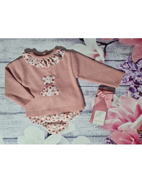 Conjunto Jersey Lana Osito Rosa y Braguita